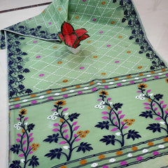 SAREEN Mint Green Floral Jamdani Saree with Navy Blue Woven Border