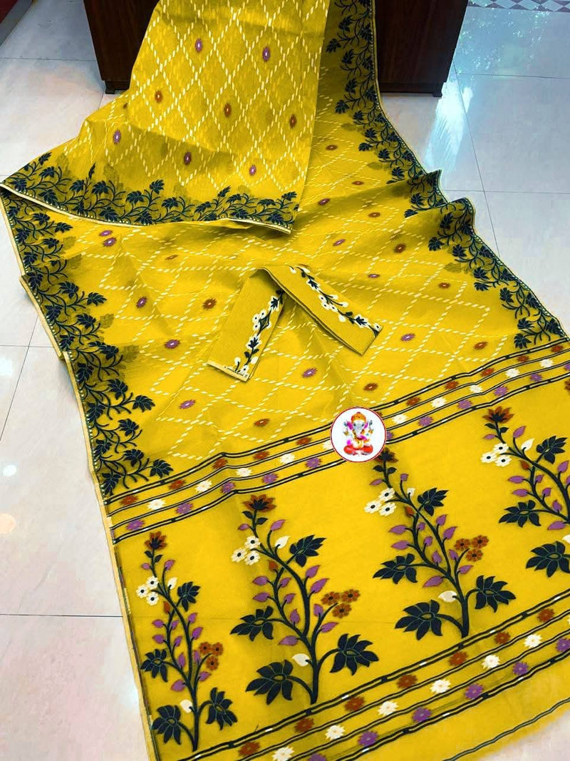 SAREEN Bright Yellow Floral Jamdani Cotton Saree with Multicolor Woven Border