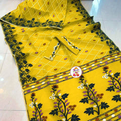 SAREEN Bright Yellow Floral Jamdani Cotton Saree with Multicolor Woven Border