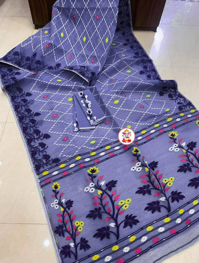 SAREEN Lavender Floral Jamdani Cotton Saree with Multicolor Woven Border