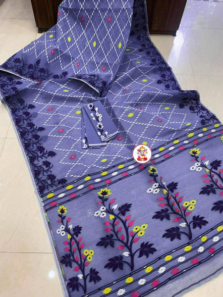 SAREEN Lavender Floral Jamdani Cotton Saree with Multicolor Woven Border