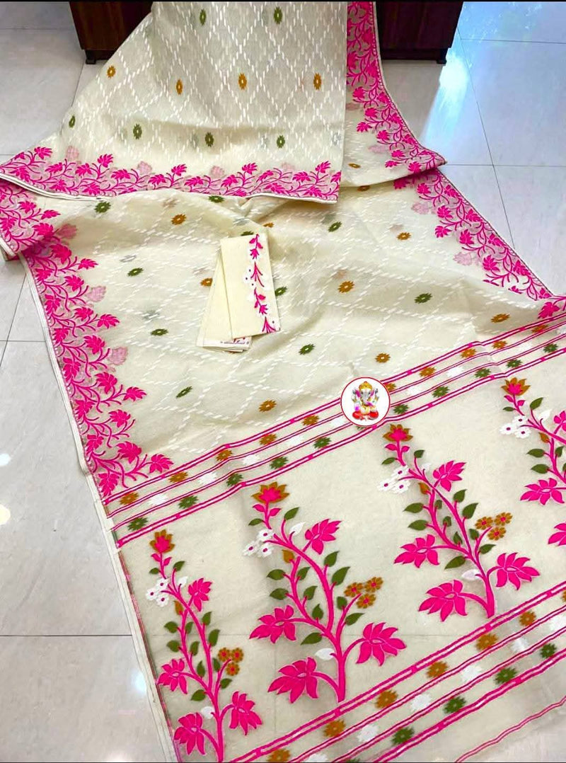 SAREEN Cream Pink Floral Jamdani Cotton Saree with Contrast Woven Border