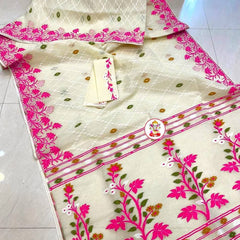 SAREEN Cream Pink Floral Jamdani Cotton Saree with Contrast Woven Border