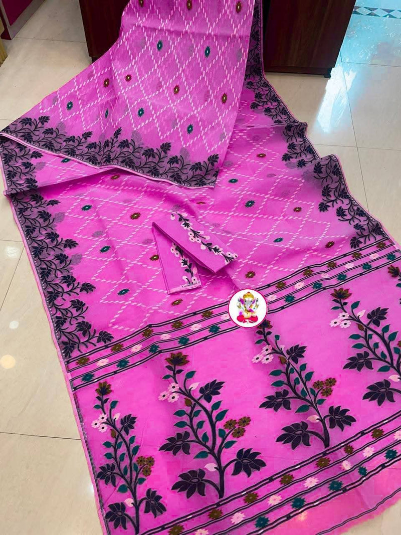 SAREEN Vibrant Pink Floral Jamdani Cotton Saree with Black Woven Border