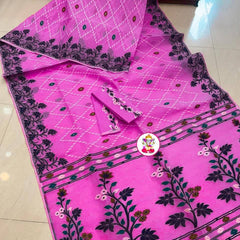 SAREEN Vibrant Pink Floral Jamdani Cotton Saree with Black Woven Border