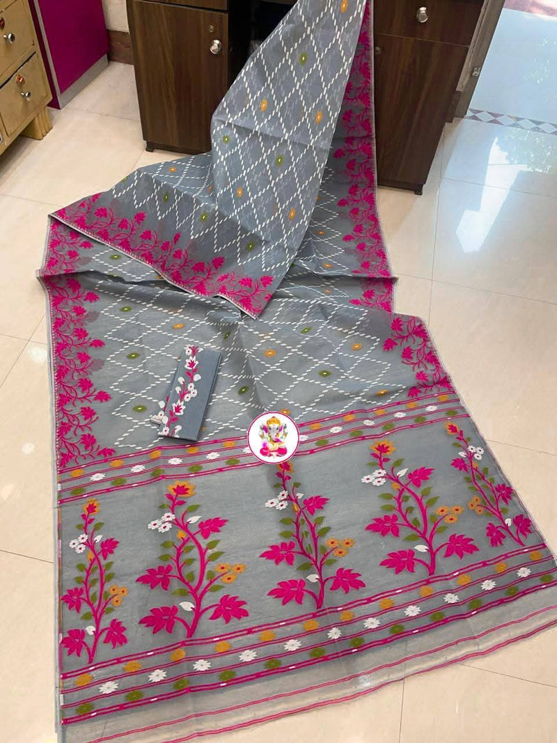 SAREEN Elegant Grey Floral Jamdani Cotton Saree with Pink Woven Border