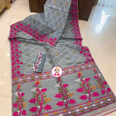 SAREEN Elegant Grey Floral Jamdani Cotton Saree with Pink Woven Border