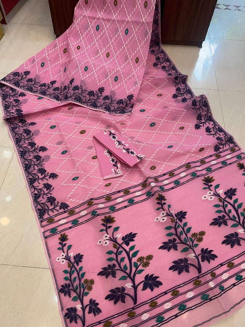 SAREEN Blush Pink Floral Jamdani Cotton Saree with Multicolor Woven Border