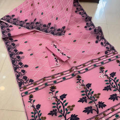 SAREEN Blush Pink Floral Jamdani Cotton Saree with Multicolor Woven Border