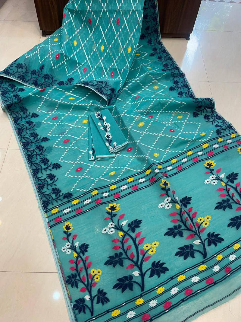 SAREEN Teal Blue Floral Jamdani Cotton Saree with Multicolor Woven Border