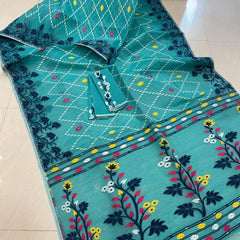 SAREEN Teal Blue Floral Jamdani Cotton Saree with Multicolor Woven Border