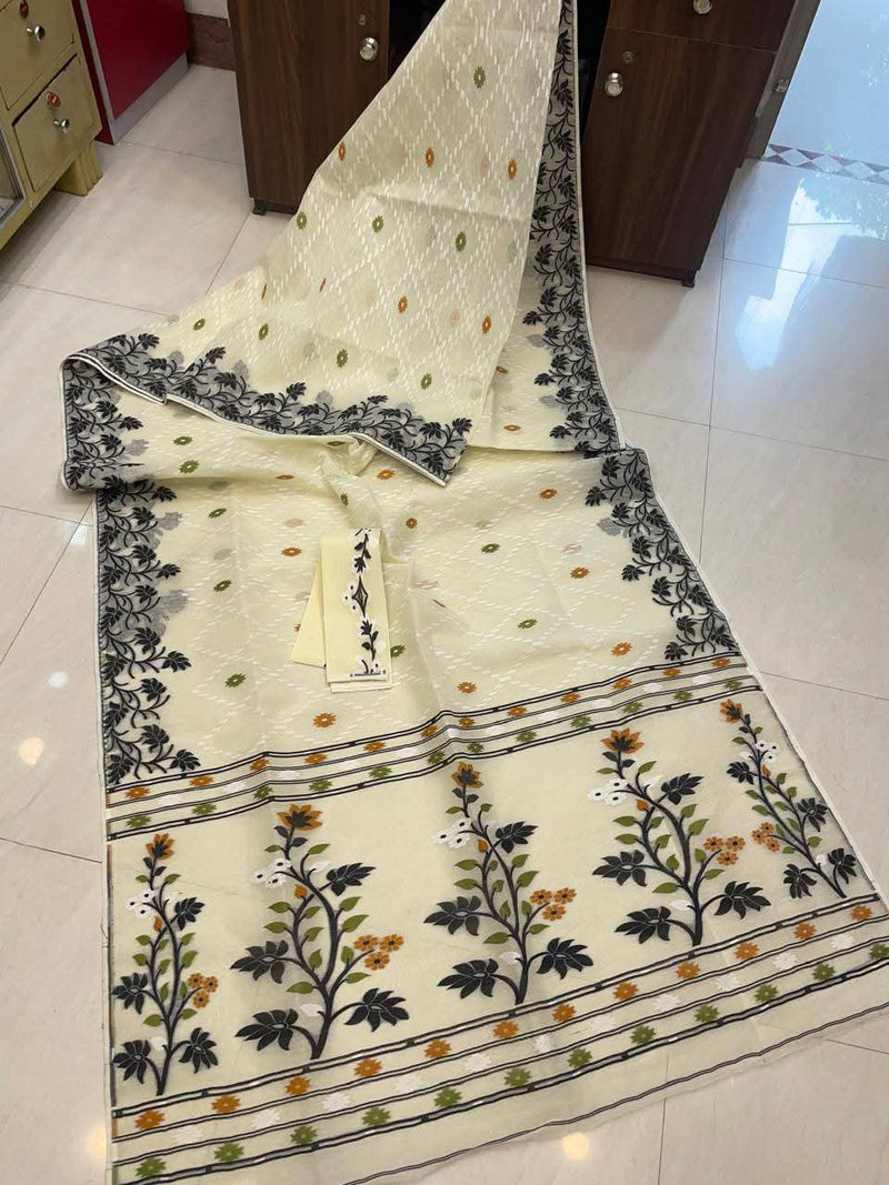 SAREEN Ivory Cream Floral Jamdani Cotton Saree with Black Woven Border