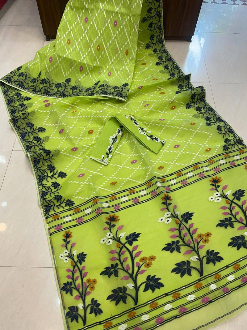 SAREEN Lime Green Floral Jamdani Cotton Saree with Multicolor Woven Border