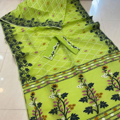 SAREEN Lime Green Floral Jamdani Cotton Saree with Multicolor Woven Border