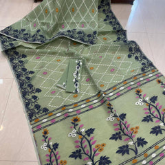 SAREEN Sage Green Floral Jamdani Cotton Saree with Multicolor Woven Border
