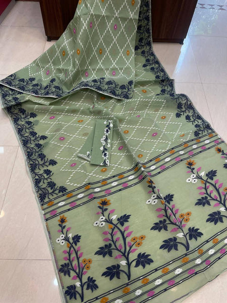 SAREEN Sage Green Floral Jamdani Cotton Saree with Multicolor Woven Border