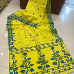 SAREEN Sunshine Yellow Jamdani Saree with Floral Woven Border & Designer Blouse