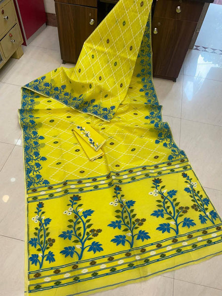 SAREEN Sunshine Yellow Jamdani Saree with Floral Woven Border & Designer Blouse