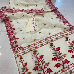SAREEN Ivory Red Floral Jamdani Saree with Handwoven Border & Designer Blouse