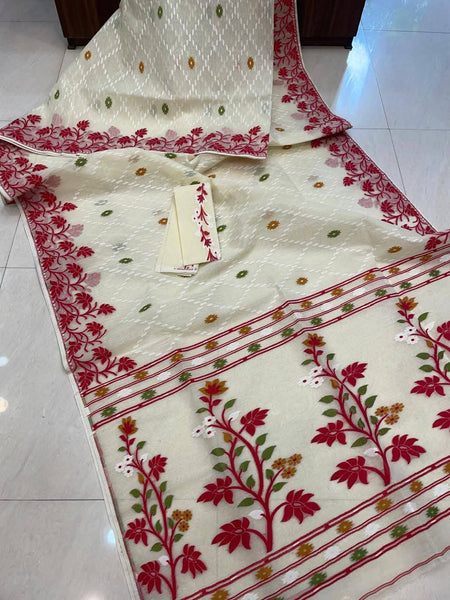 SAREEN Ivory Red Floral Jamdani Saree with Handwoven Border & Designer Blouse