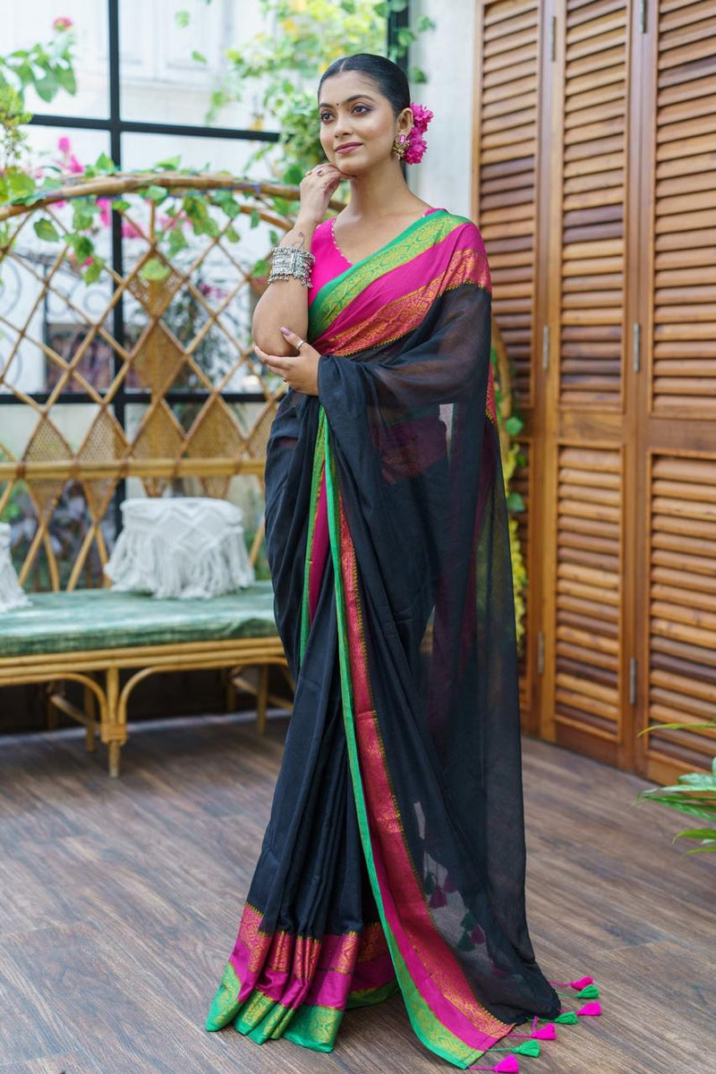 SAREEN Royal Noir Mal Cotton Saree – Black with Rani Pink & Emerald Border