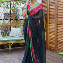 SAREEN Royal Noir Mal Cotton Saree – Black with Rani Pink & Emerald Border