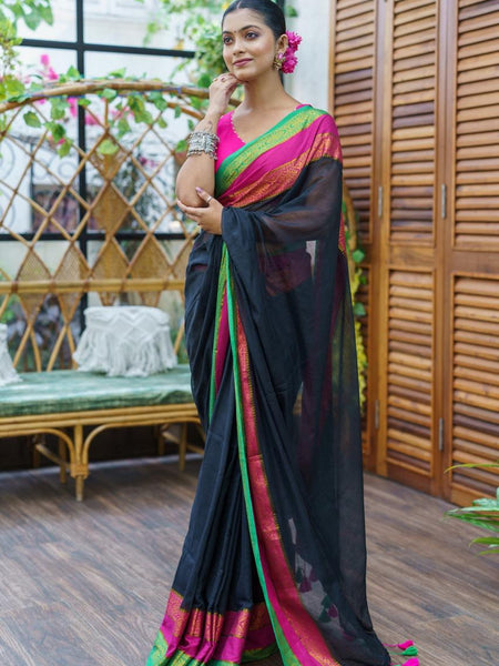 SAREEN Royal Noir Mal Cotton Saree – Black with Rani Pink & Emerald Border