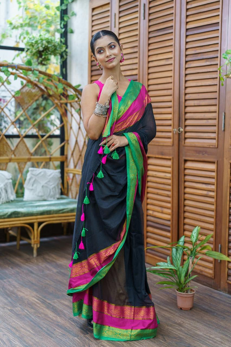 SAREEN Royal Noir Mal Cotton Saree – Black with Rani Pink & Emerald Border