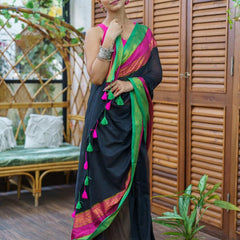 SAREEN Royal Noir Mal Cotton Saree – Black with Rani Pink & Emerald Border
