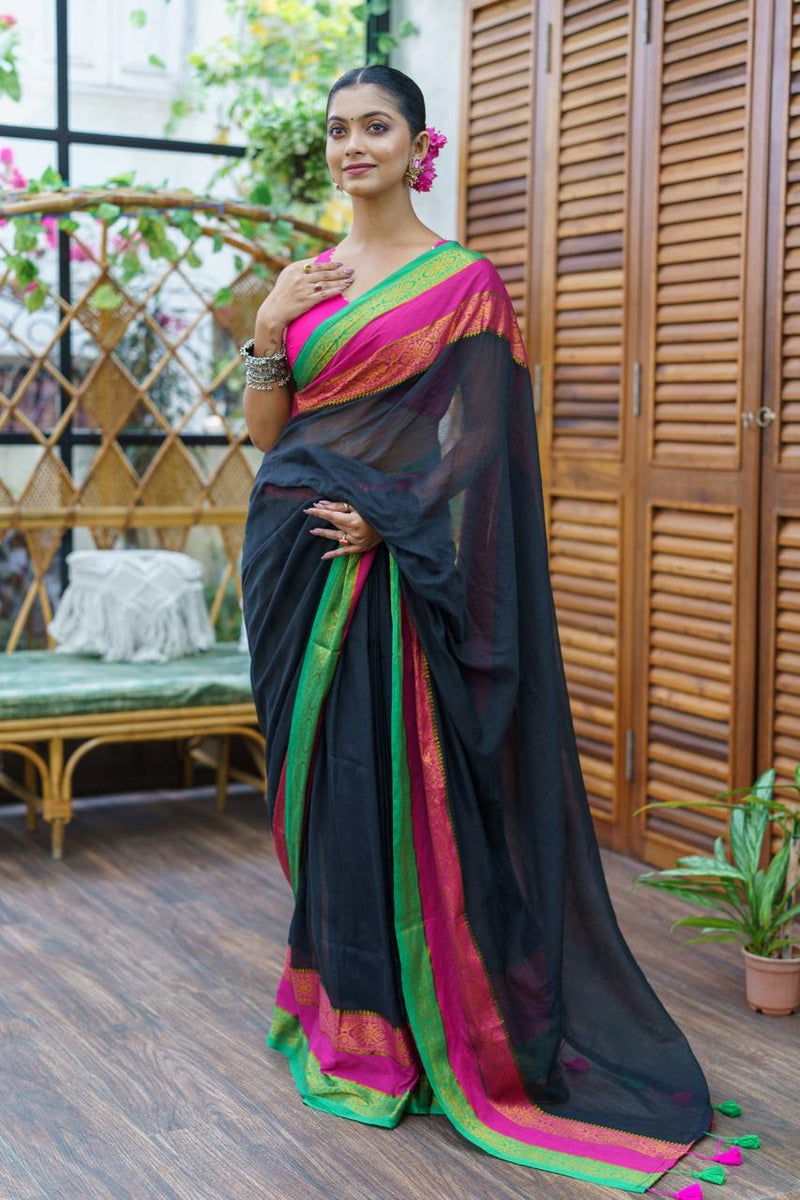 SAREEN Royal Noir Mal Cotton Saree – Black with Rani Pink & Emerald Border