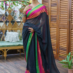 SAREEN Royal Noir Mal Cotton Saree – Black with Rani Pink & Emerald Border