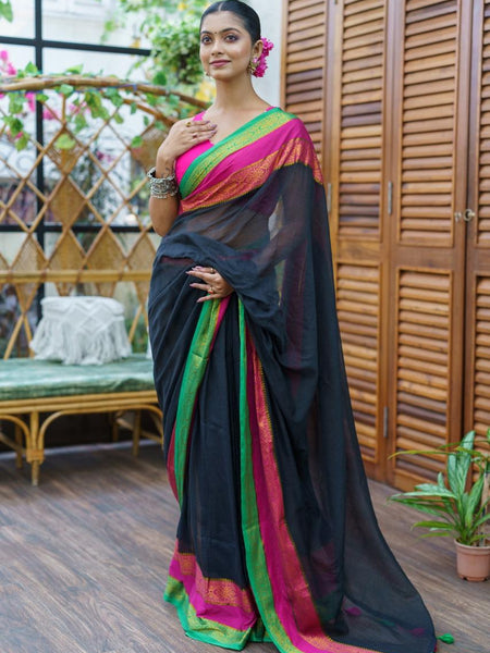 SAREEN Royal Noir Mal Cotton Saree – Black with Rani Pink & Emerald Border