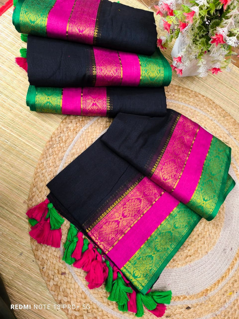 SAREEN Royal Noir Mal Cotton Saree – Black with Rani Pink & Emerald Border