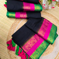 SAREEN Royal Noir Mal Cotton Saree – Black with Rani Pink & Emerald Border