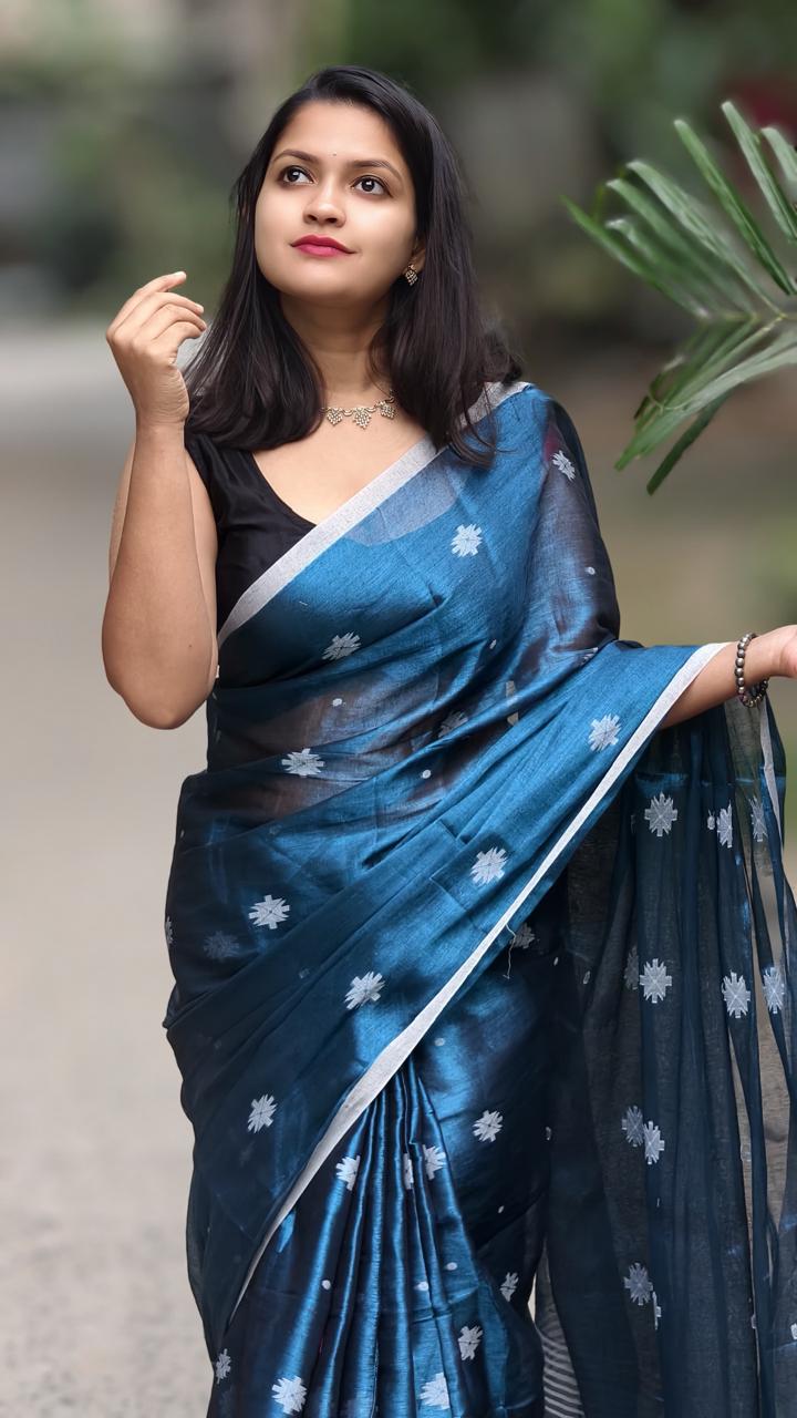 SAREEN Teal Blue Raga Tissue Saree with Silver Buti Work