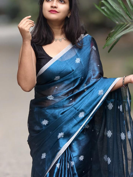 SAREEN Teal Blue Raga Tissue Saree with Silver Buti Work