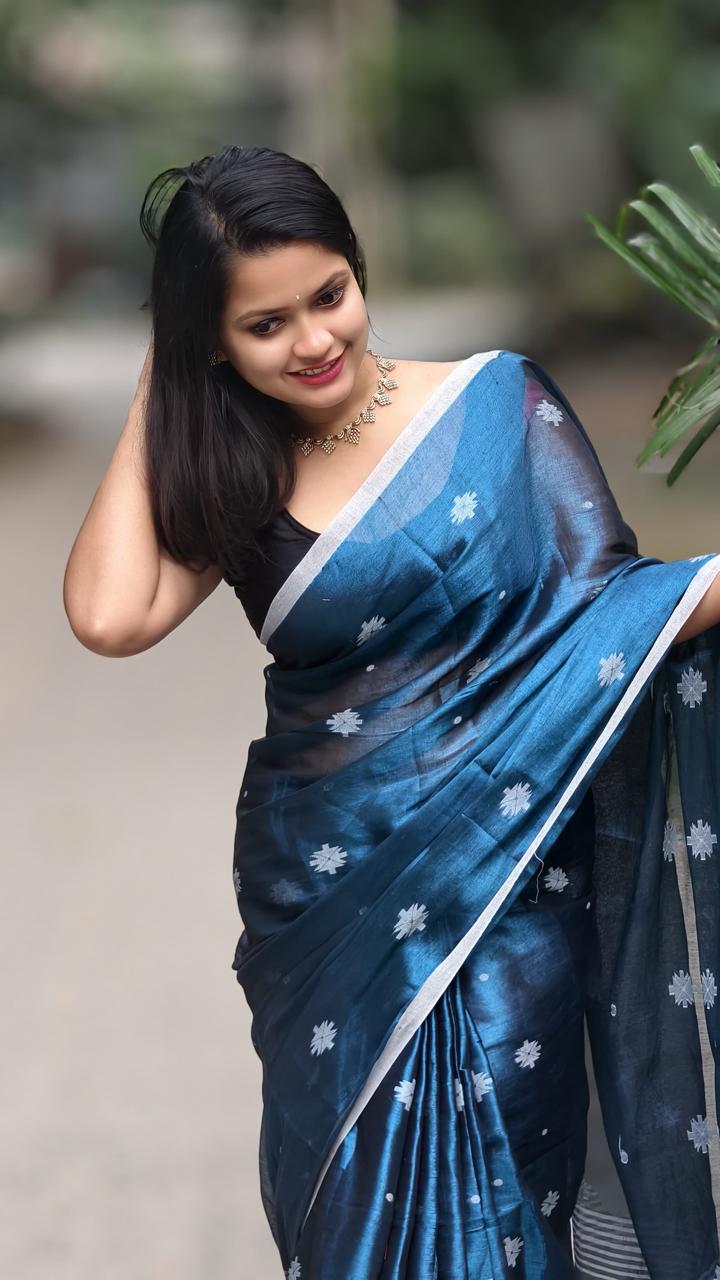 SAREEN Teal Blue Raga Tissue Saree with Silver Buti Work