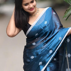 SAREEN Teal Blue Raga Tissue Saree with Silver Buti Work