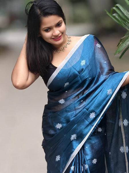 SAREEN Teal Blue Raga Tissue Saree with Silver Buti Work