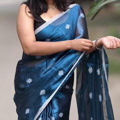 SAREEN Teal Blue Raga Tissue Saree with Silver Buti Work