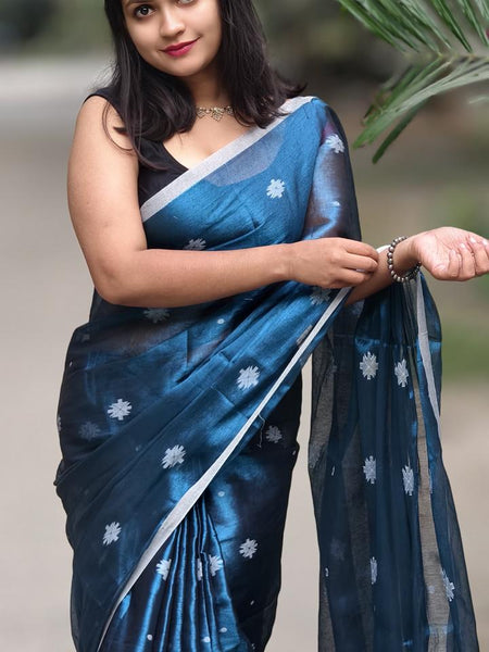 SAREEN Teal Blue Raga Tissue Saree with Silver Buti Work