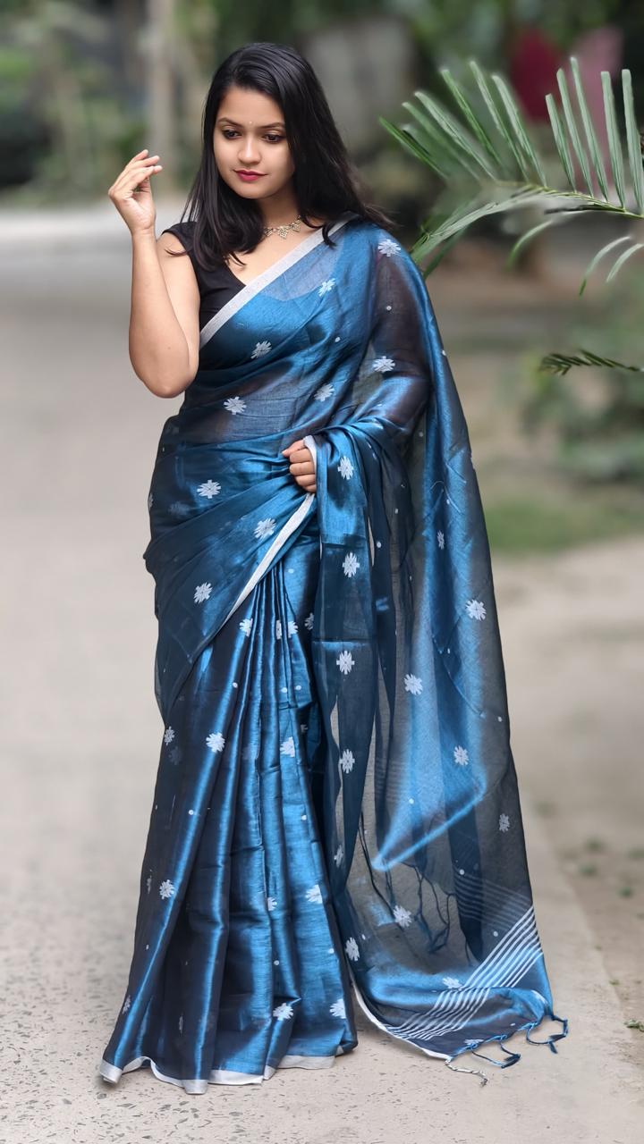 SAREEN Teal Blue Raga Tissue Saree with Silver Buti Work