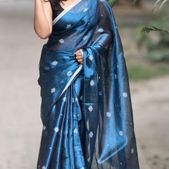 SAREEN Teal Blue Raga Tissue Saree with Silver Buti Work