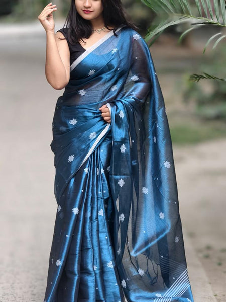 SAREEN Teal Blue Raga Tissue Saree with Silver Buti Work