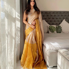 SAREEN Champagne Gold & Mustard Bicolor Raga Tissue Saree – Royal Glow Edit