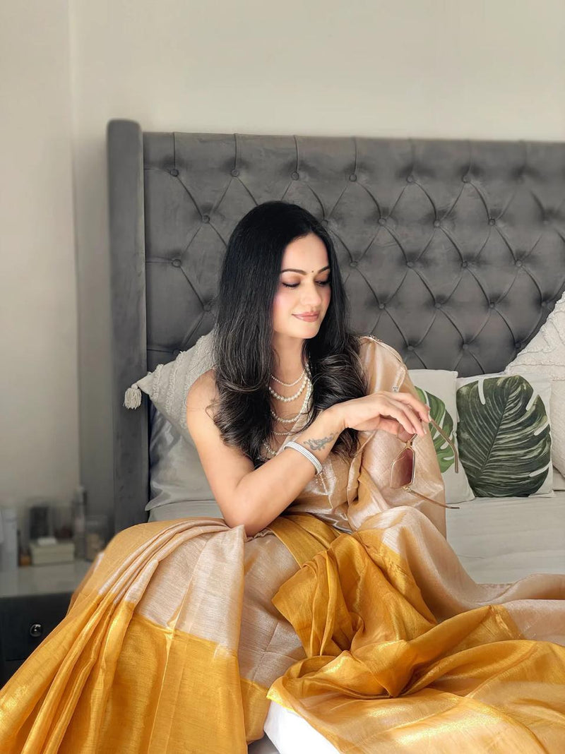 SAREEN Champagne Gold & Mustard Bicolor Raga Tissue Saree – Royal Glow Edit