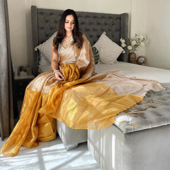 SAREEN Champagne Gold & Mustard Bicolor Raga Tissue Saree – Royal Glow Edit
