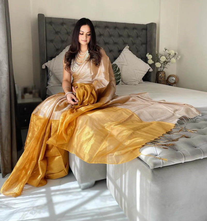SAREEN Champagne Gold & Mustard Bicolor Raga Tissue Saree – Royal Glow Edit