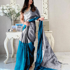 SAREEN Silver & Teal Bicolor Raga Tissue Saree – Elegant Festive Luxe