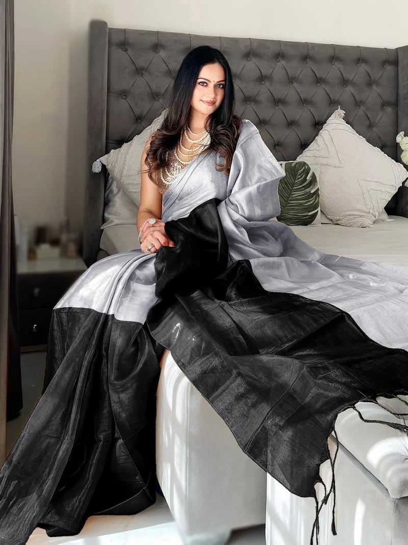 SAREEN Silver & Black Bicolor Raga Tissue Saree – Timeless Luxe Edit
